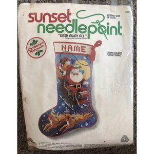 Vintage HTF Sunset Needlepoint "Dash Away All" Christmas Stocking Kit